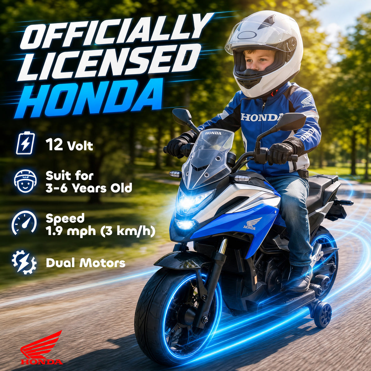 AIYAPLAY Licensed Honda 12V Kids Electric Motorbike in Blue
