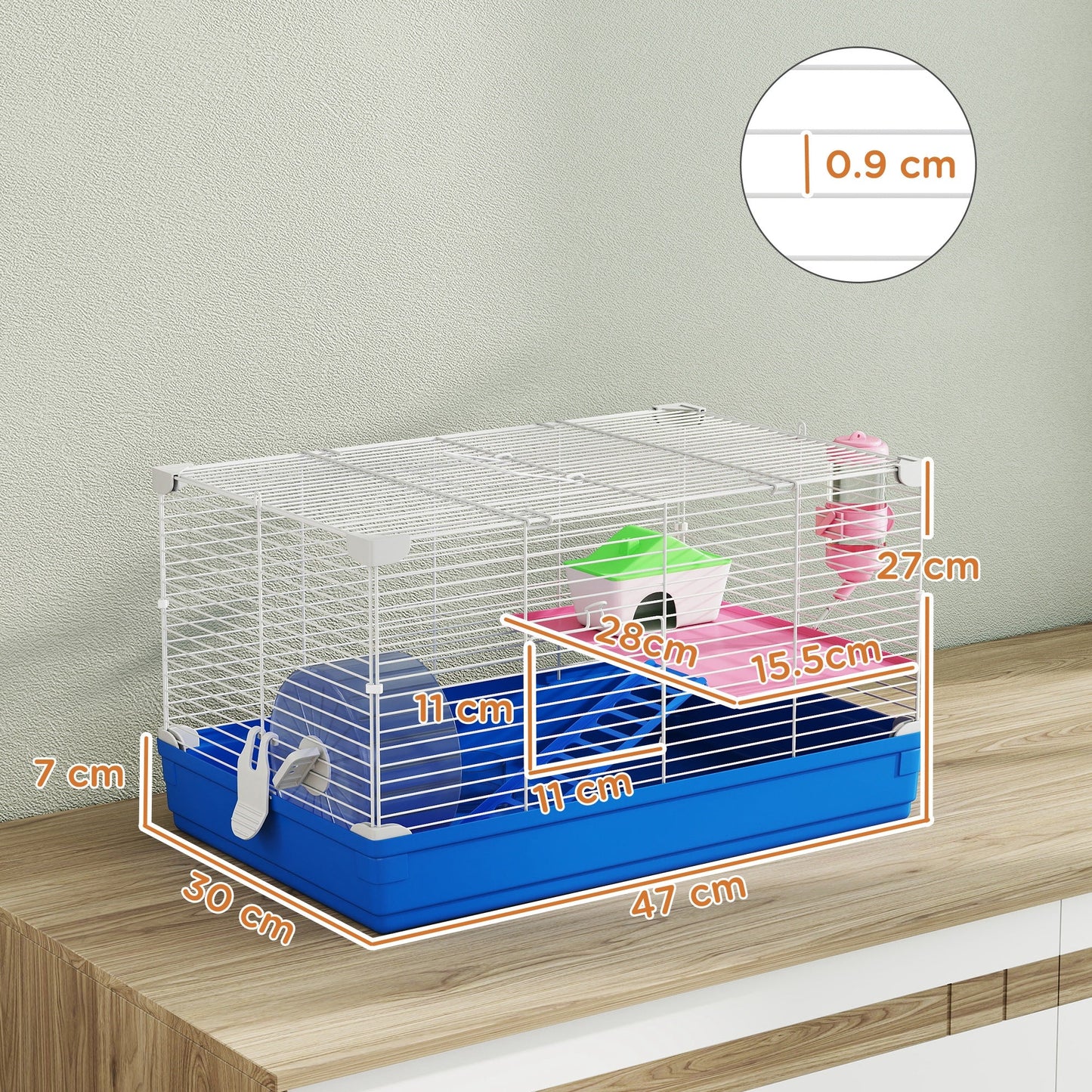 PawHut Hamster Cage, Small Gerbil Cage 2 Tiers Portable w/ Handle, Exercise Wheel, Water Bottle, Dishes, Blue