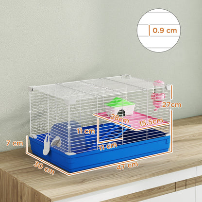 PawHut Hamster Cage, Small Gerbil Cage 2 Tiers Portable w/ Handle, Exercise Wheel, Water Bottle, Dishes, Blue