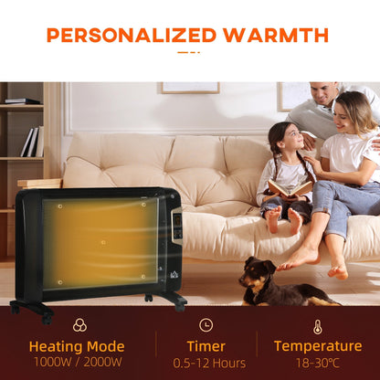 HOMCOM Mica Electric Space Heater, Portable Heater for Home with 2 Heat Settings, Living Room, Study, Garage, Adjustable Temperature 18-30°C, 1000W/2000W, Black