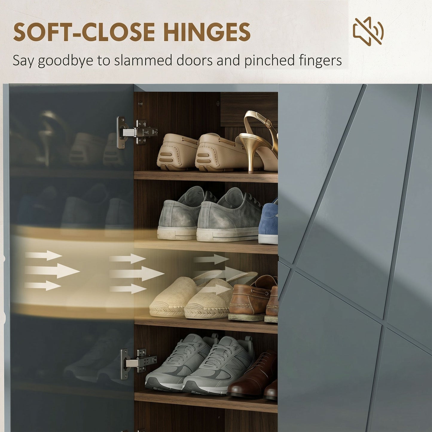 HOMCOM Narrow Shoe Storage Cabinet with Soft-Close Hinges and Adjustable Shelves for 15-20 Pairs of Shoes, Grey