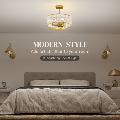 HOMCOM Crystal Ceiling Light Fixture, 39 cm Semi Flush Mount Modern Crystal Chandelier Ceiling Light for Living Room, Bedroom, Hallway, Dining Room, E14 Base 3-Lights, Bulbs Not Included, Gold Tone