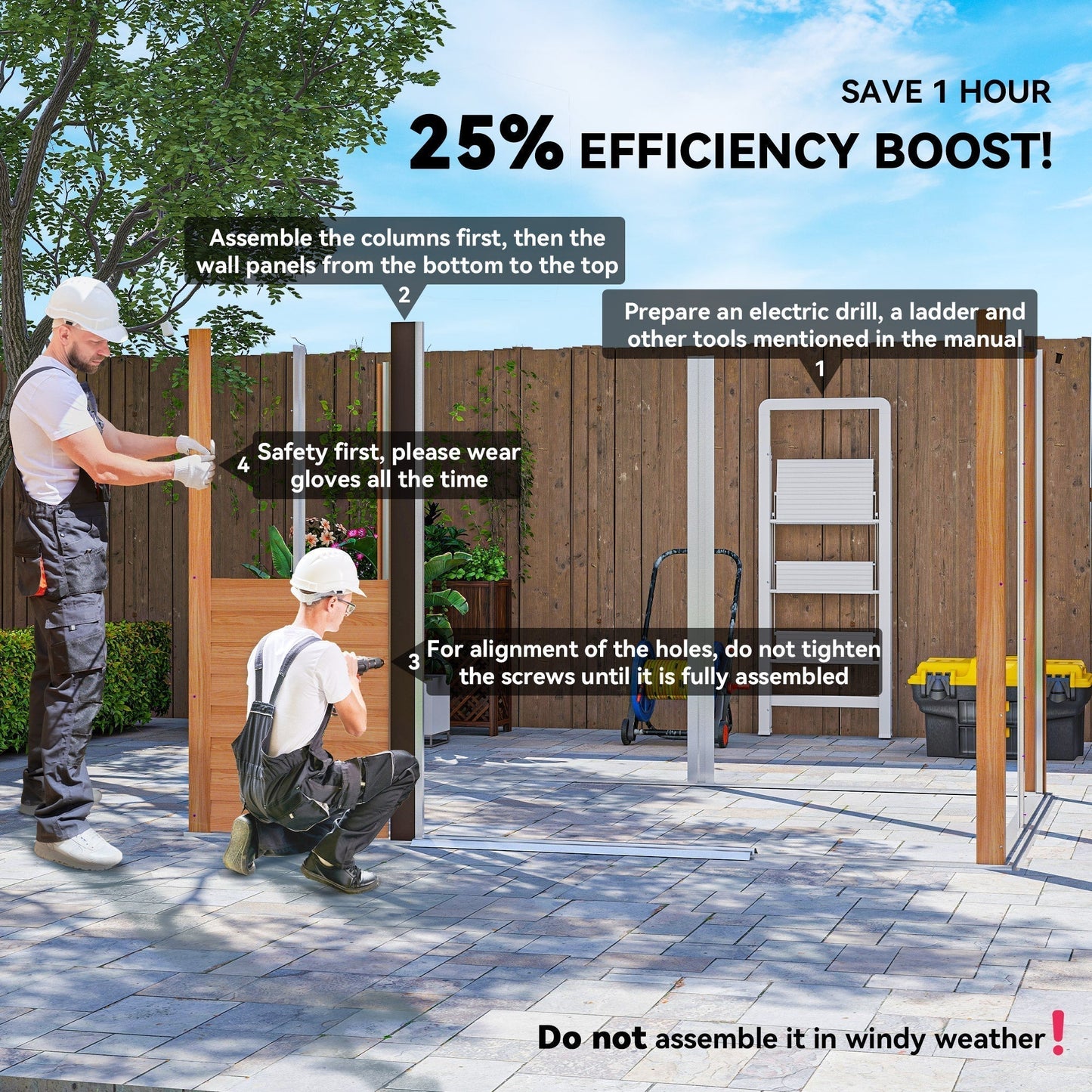 Outsunny 9 x 6ft Galvanised Steel Shed with Double Sliding Doors with 4 Ventilation Slots - Brown Wood-Effect