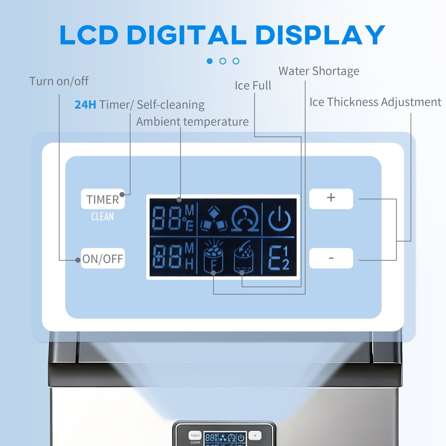 HOMCOM Commercial Ice Maker Machine, Freestanding Stainless Steel Ice Machine with Self-Cleaning, LCD Display, 45kg/24 Hours and 11kg Ice Storage for Home, Office, Bar, Restaurant, Supermarkets