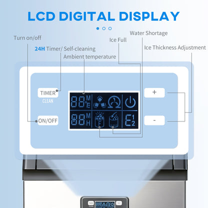 HOMCOM Commercial Ice Maker Machine, Freestanding Stainless Steel Ice Machine with Self-Cleaning, LCD Display, 45kg/24 Hours and 11kg Ice Storage for Home, Office, Bar, Restaurant, Supermarkets