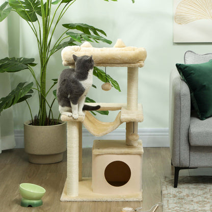 PawHut Cat Tree, 90cm Cat Tower with Sisal Scratching Posts, Cat Condo, Hammock, Top Perch and 2 Hanging Toys for Cats, Beige