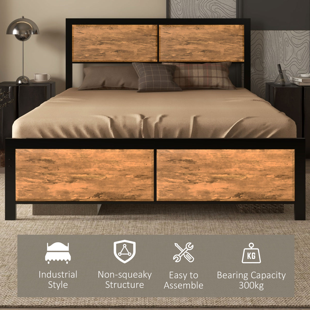 HOMCOM Industrial Double Bed Frame in Rustic Brown