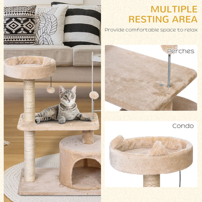 PawHut Multi Level Cat Tree for Indoor Cats with Scratching Post Bed Condo Perch, Kitten Climbing Tower, Beige 60L x 40W x 81H cm
