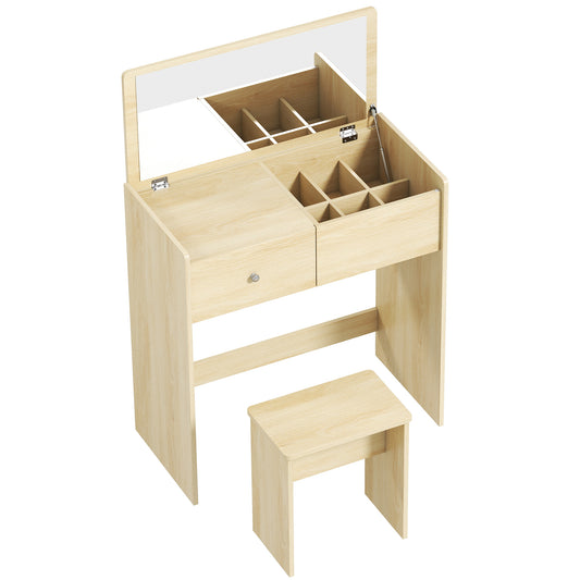 HOMCOM Vanity Desk with Mirror Dressing Table Drawer Set 6 Compartments Storage Stool White and Oak