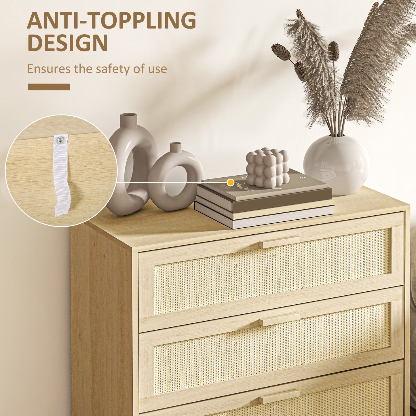 HOMCOM Chest of Drawer and Nightstands, Boho Rattan Furniture Set, Nature Wood Finish