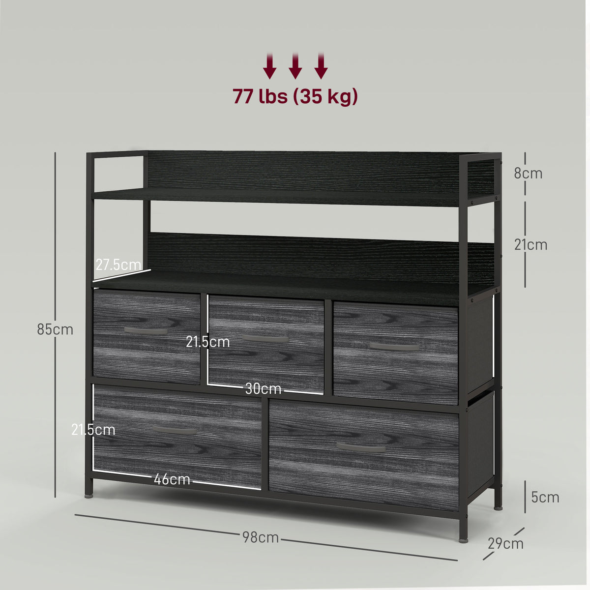 HOMCOM Rustic Chest of Five Fabric Drawers in Black