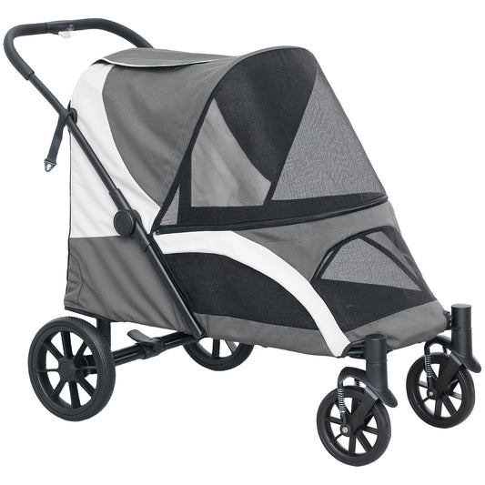 PawHut Foldable Pet Stroller for Large Dogs with 4 Big Wheels, Shock-Absorbing Frame, Safety Leashes, Brakes, Dark Grey