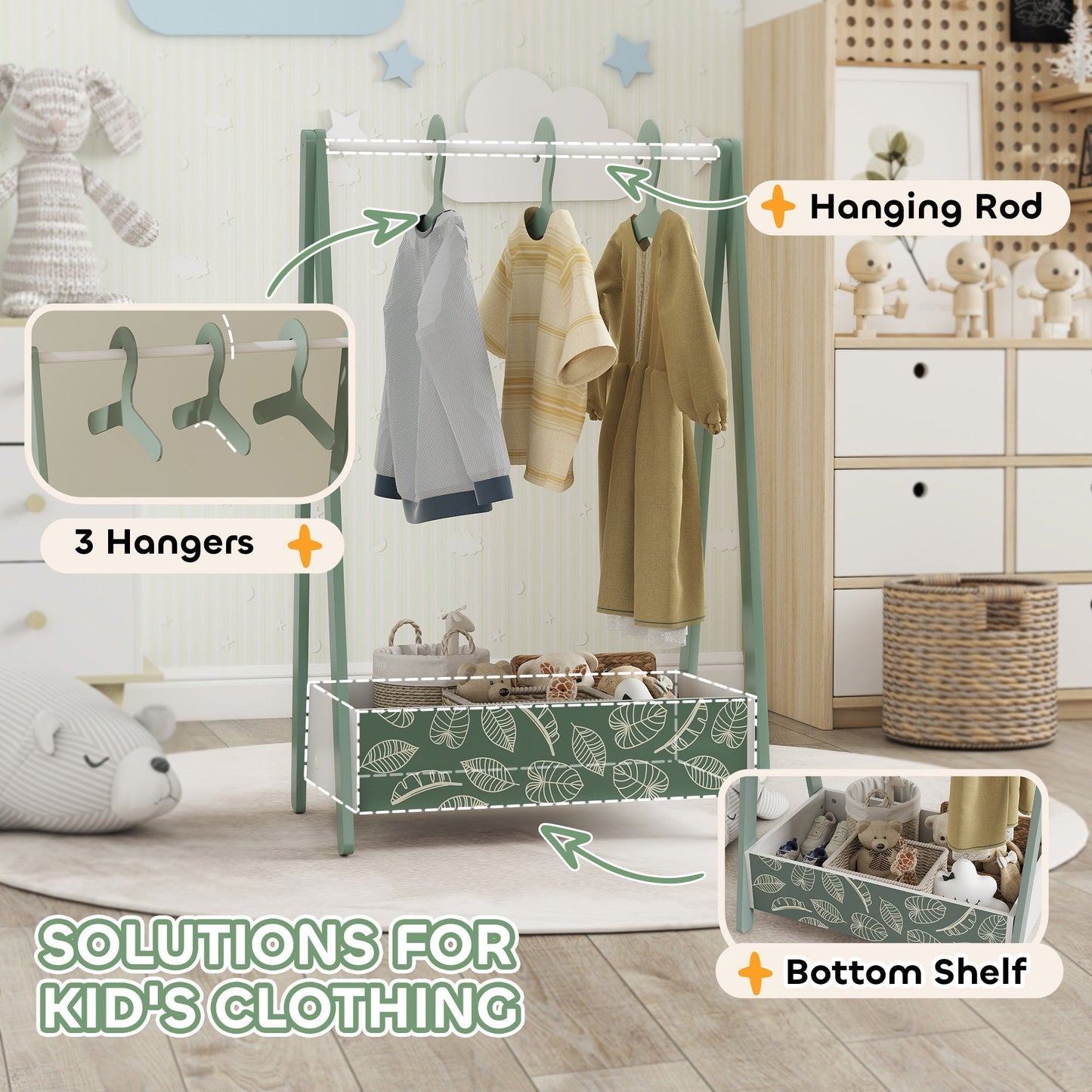 AIYAPLAY Baby Clothing Rack with Hangers, Storage Shelf for Bedroom, Leaf Theme, for Ages 3-6, Green