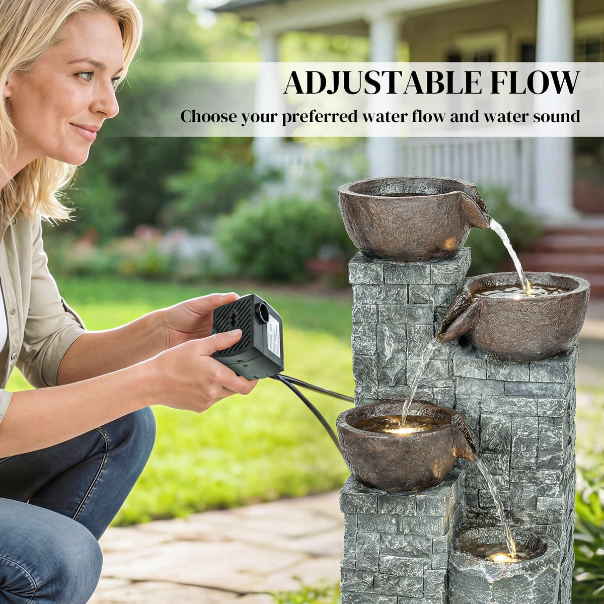 Outsunny 4-Tier Outdoor Fountain, Cascading Waterfall, Garden Fountain with LED Lights, Adjustable Flow, Grey and Rustic Brown