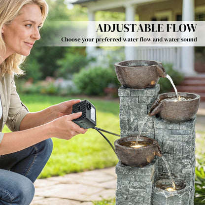 Outsunny 4-Tier Outdoor Fountain, Cascading Waterfall, Garden Fountain with LED Lights, Adjustable Flow, Grey and Rustic Brown