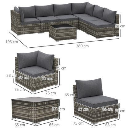 طقم أرائك ركنية من الروطان المصنوع من البولي إيثيلين من 7 قطع من أوتساني، أثاث خارجي من خشب الخوص للفناء مع طاولة زجاجية مقواة ووسائد مبطنة ناعمة للحديقة والفناء الخلفي والعشب، رمادي داكن