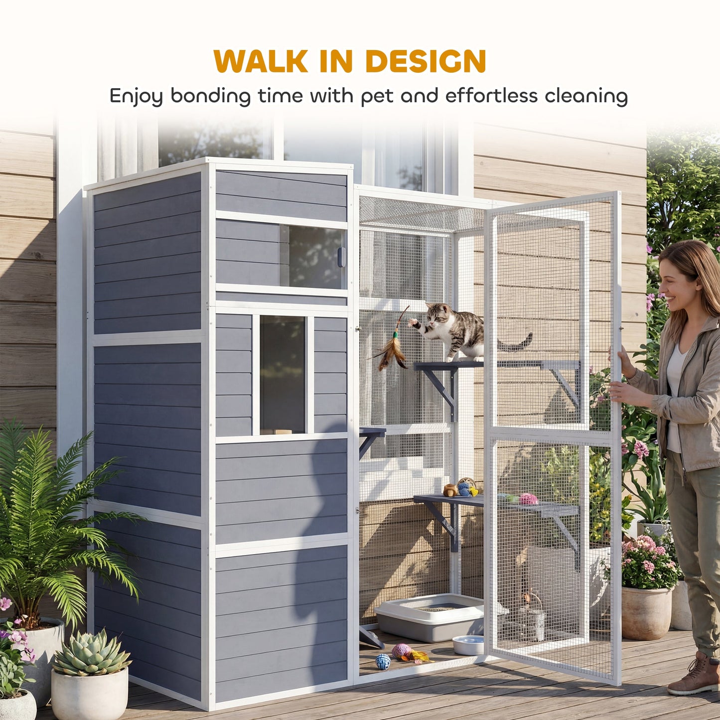 PawHut 4-Tier Wooden Catio Cat Outdoor Enclosure with Sun Roof, Resting Rooms, 3 Platforms, Window Outdoor Indoor, Grey