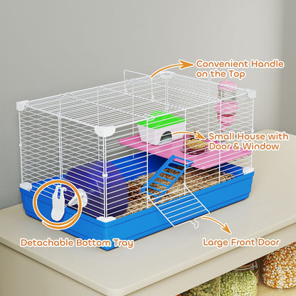 PawHut Hamster Cage, Small Gerbil Cage 2 Tiers Portable w/ Handle, Exercise Wheel, Water Bottle, Dishes, Blue
