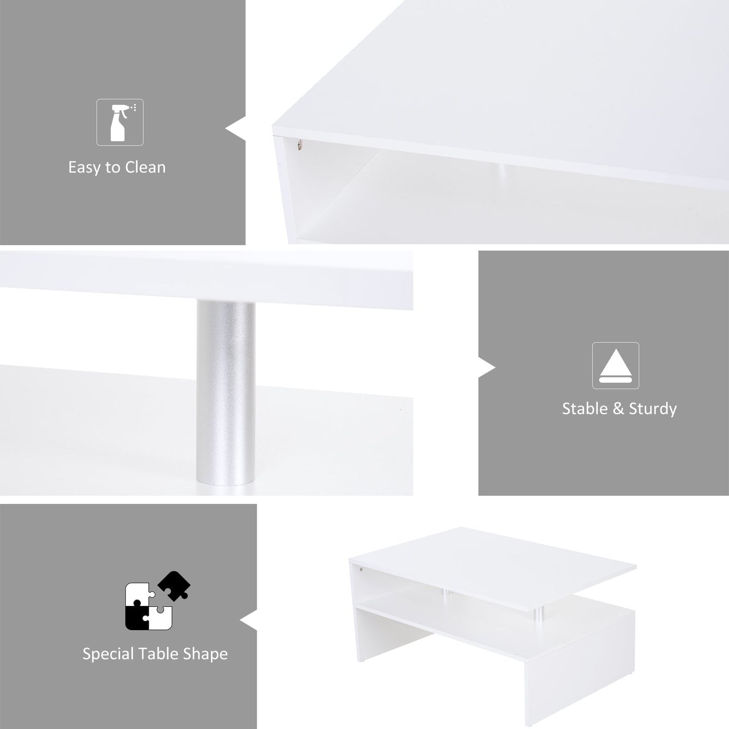 HOMCOM Coffee Table with Storage, 2-Tier Centre Table, Modern Living Room Table with Open Shelf and Aluminium Poles, White