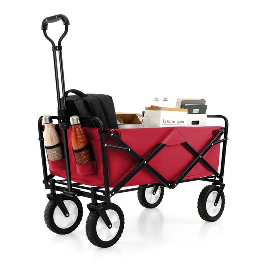 Heavy Duty Camping Garden Cart with adjustable handle and drink holders in red