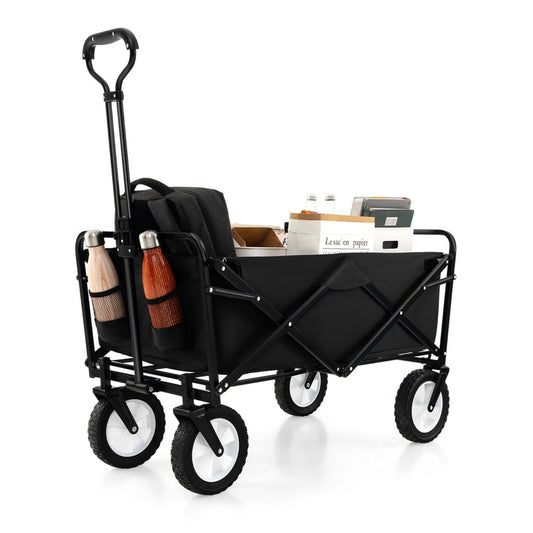 Heavy Duty Camping Garden Cart with adjustable handle and drink holders in black