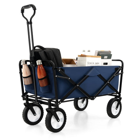 Eavy Duty Camping Garden Cart filled with various items and two bottles in the side pockets