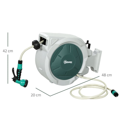 Outsunny Retractable Hose Reel Wall Mounted, 20+2m Garden Hose Pipe Reel with Lock, Auto Rewind, 7 in 1 Spray Nozzle, Includes Wall Fixings, 180 Swivel, Outdoor Watering, Light Grey