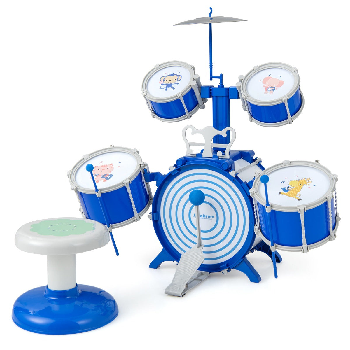 Educational Percussion Musical Instrument Toy with bass drum and foot pedal in blue