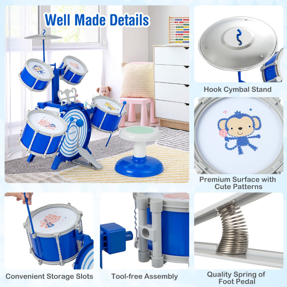 Close up details of the blue drum kit including cymbal stand and pedal