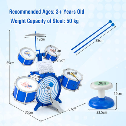 Size diagram showing dimensions of the blue drum kit and stool