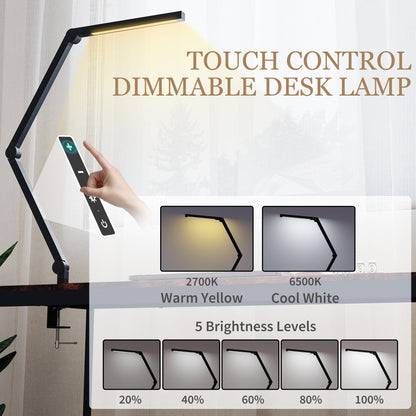 مصباح مكتبي LED من HOMCOM، مصباح مكتبي قابل للتعتيم بذراع متأرجح ومشبك تثبيت، مصباح طاولة قابل للتعديل للعناية بالعين مع وضعين للألوان و5 مستويات سطوع للدراسة والرسم والمكتب والمهندسين المعماريين والمهام، أسود