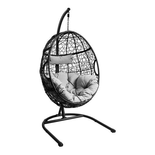 Egg Swing Chair with Stand and Ultraviolet-Resistant Seat Cushion, a grey egg-shaped hanging chair with a stand