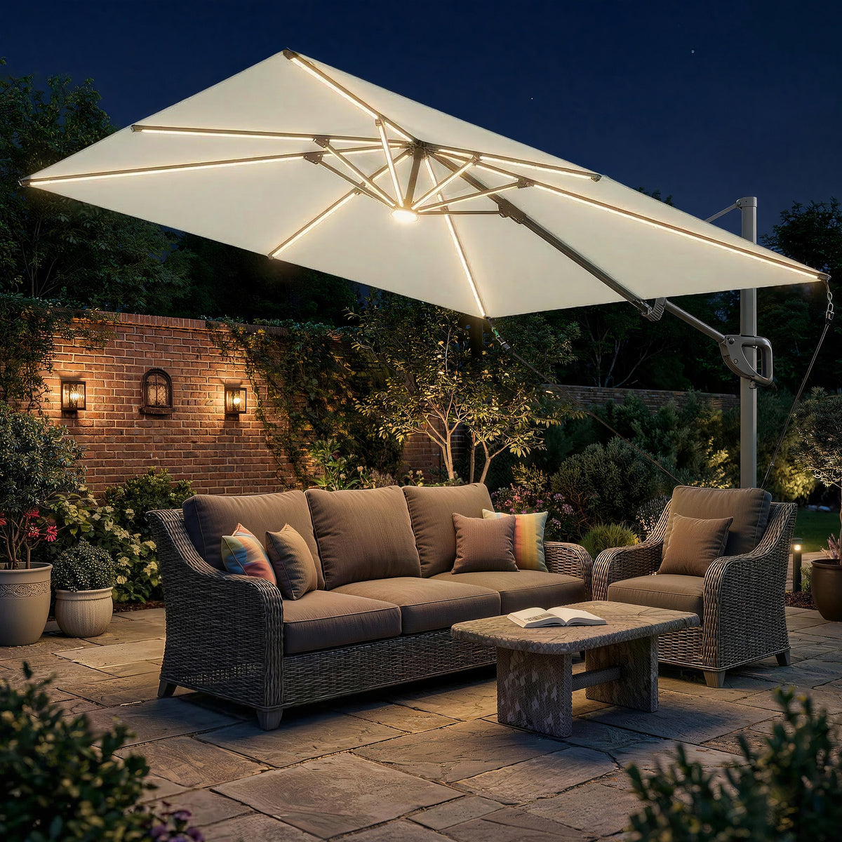 Outsunny Garden Cantilever Parasol w/ Light in Cream White
