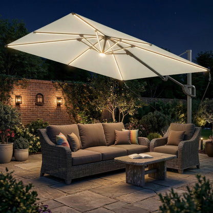 Outsunny Garden Cantilever Parasol w/ Light in Cream White