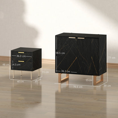 HOMCOM Sideboard, Accent Cabinet with Marble Effect, Adjustable Shelf, Fluted Doors and Drawers, Black