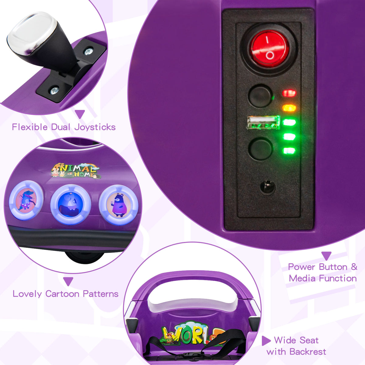 Close up of the purple kids electric car controls, showing the power button, media function, and wide seat with backrest