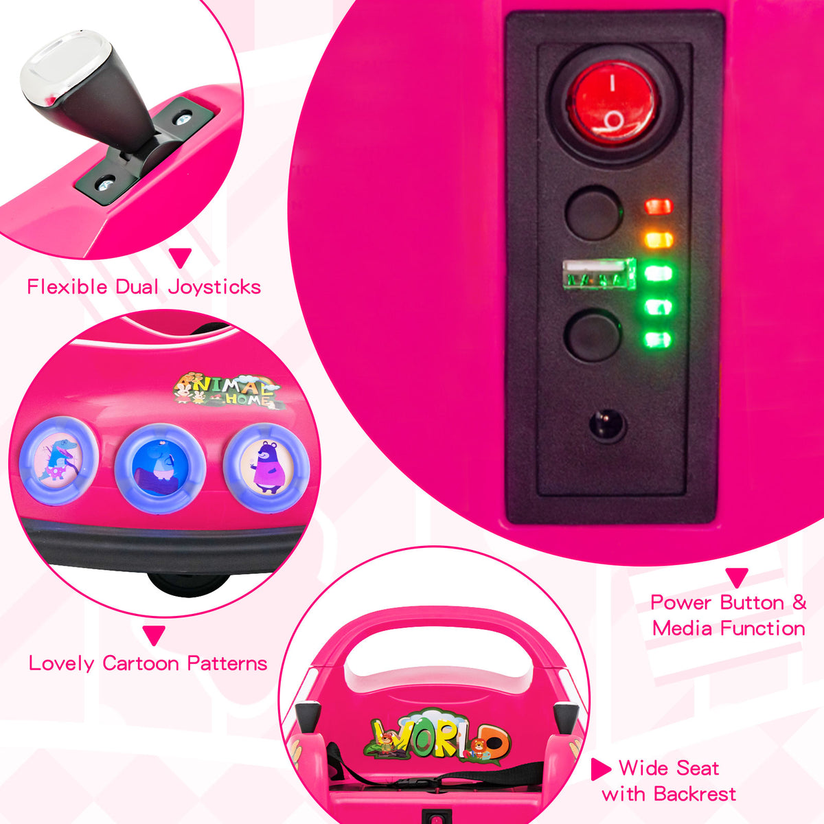 Close up of the pink kids electric car controls and features