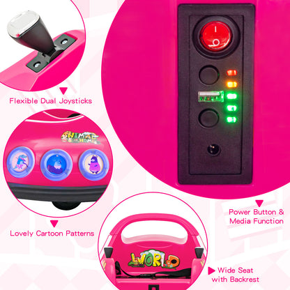 Close up of the pink kids electric car controls and features
