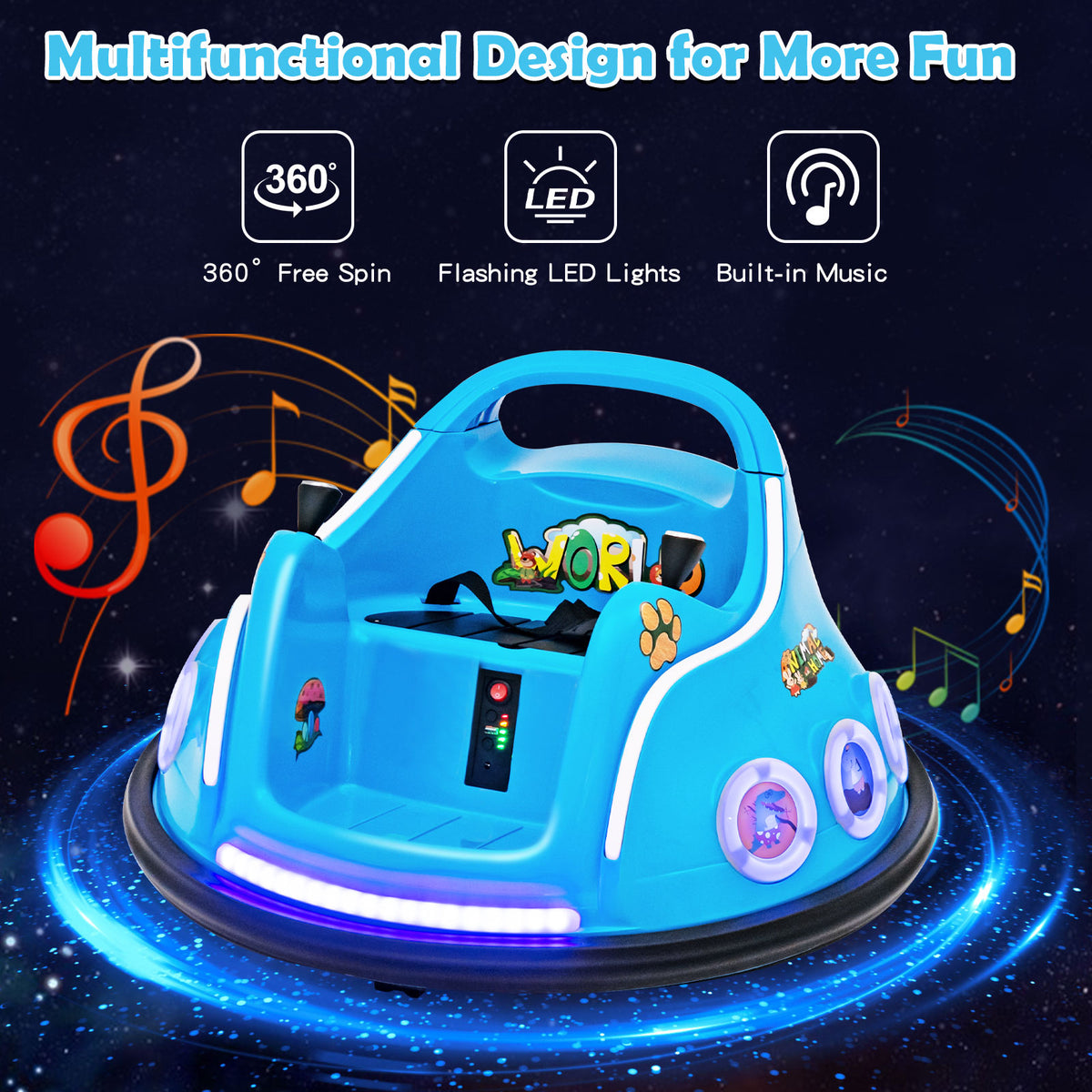 A blue kids electric bumper car with flashing lights and music