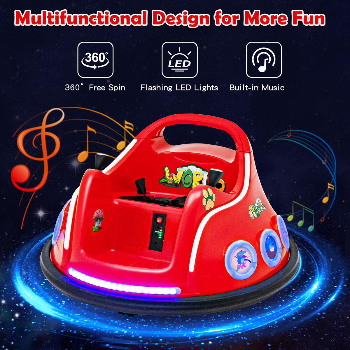 Red kids electric car with 360 spin LED lights and music for more fun
