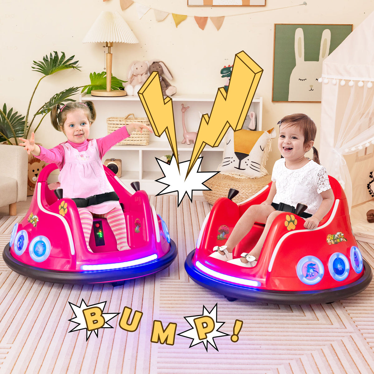 Two pink kids electric cars in a room with two toddlers having fun