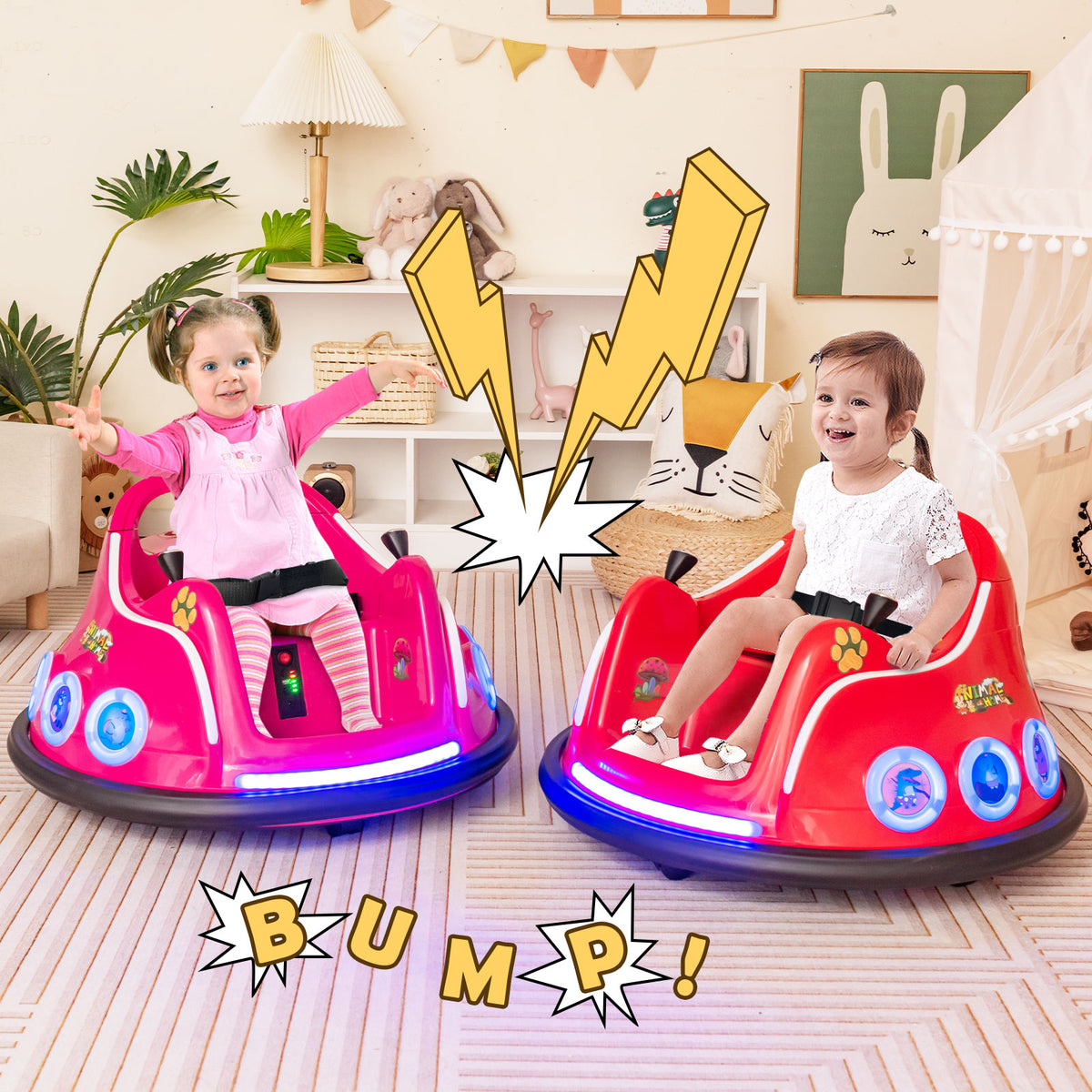 Two toddlers enjoying the red and pink kids electric cars with BUMP text