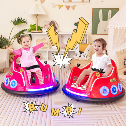 Two toddlers enjoying the red and pink kids electric cars with BUMP text