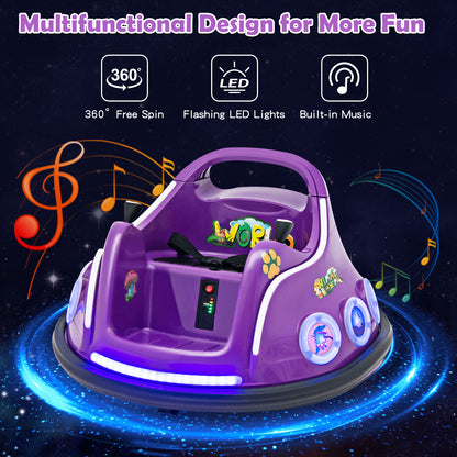 The purple kids electric car with flashing LED lights and musical notes, highlighting its 360 degree spin