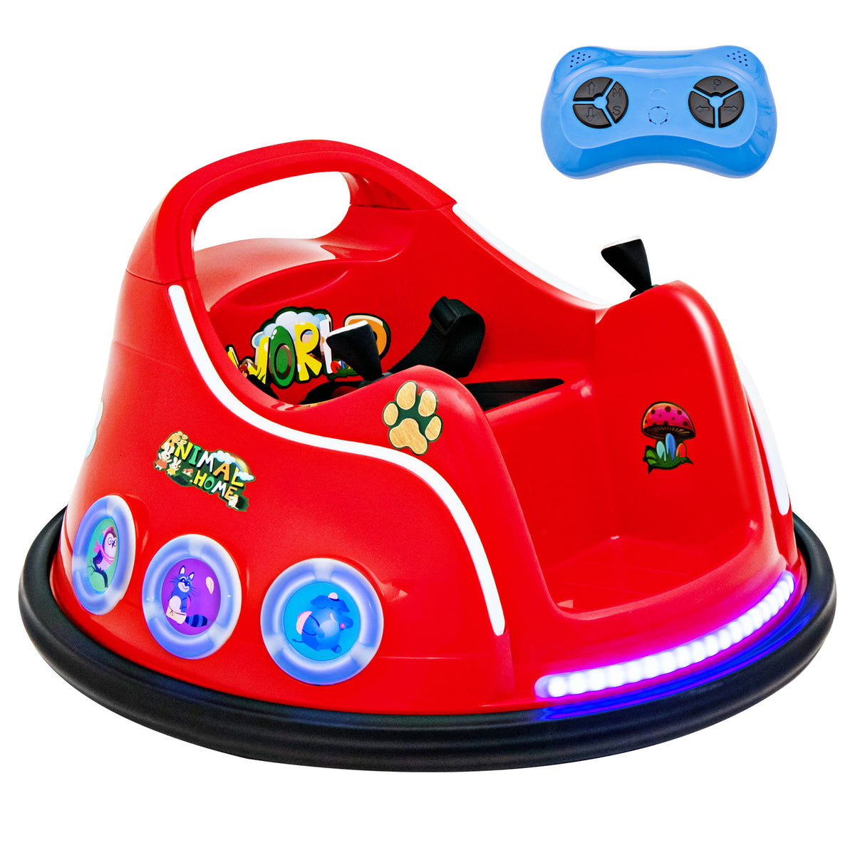 Electric Bumper Car with 360 spin and remote control in red with blue lights and a remote