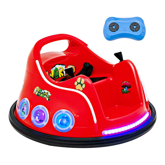 Electric Bumper Car with 360 spin and remote control in red with blue lights and a remote