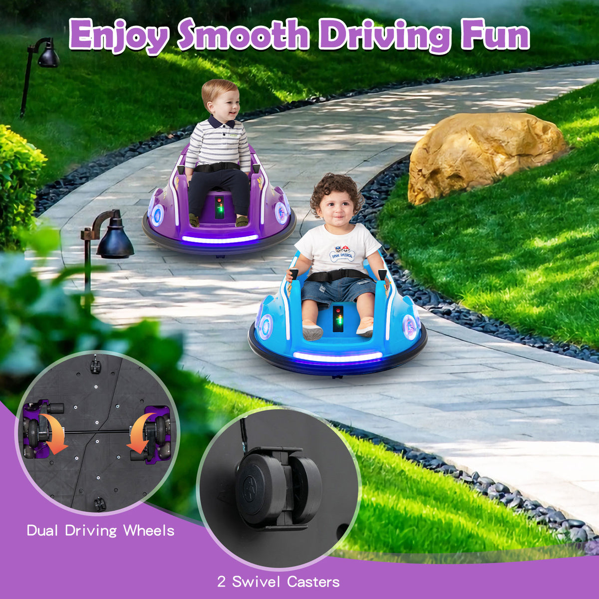 Two kids electric cars, one purple and one blue, driving on a paved path in a garden with grass
