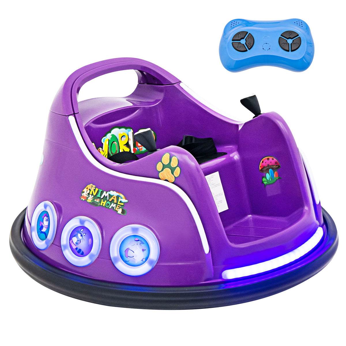 Electric Bumper Car, a purple ride-on toy with a blue remote control and flashing lights