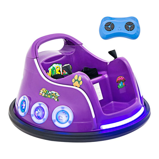 Electric Bumper Car, a purple ride-on toy with a blue remote control and flashing lights