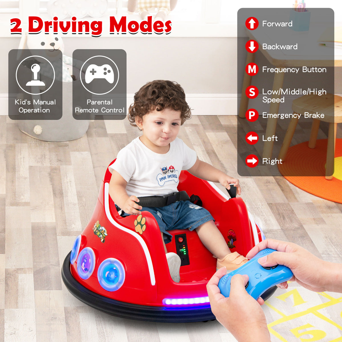 Boy holding a remote control for the red kids electric car with driving modes explained